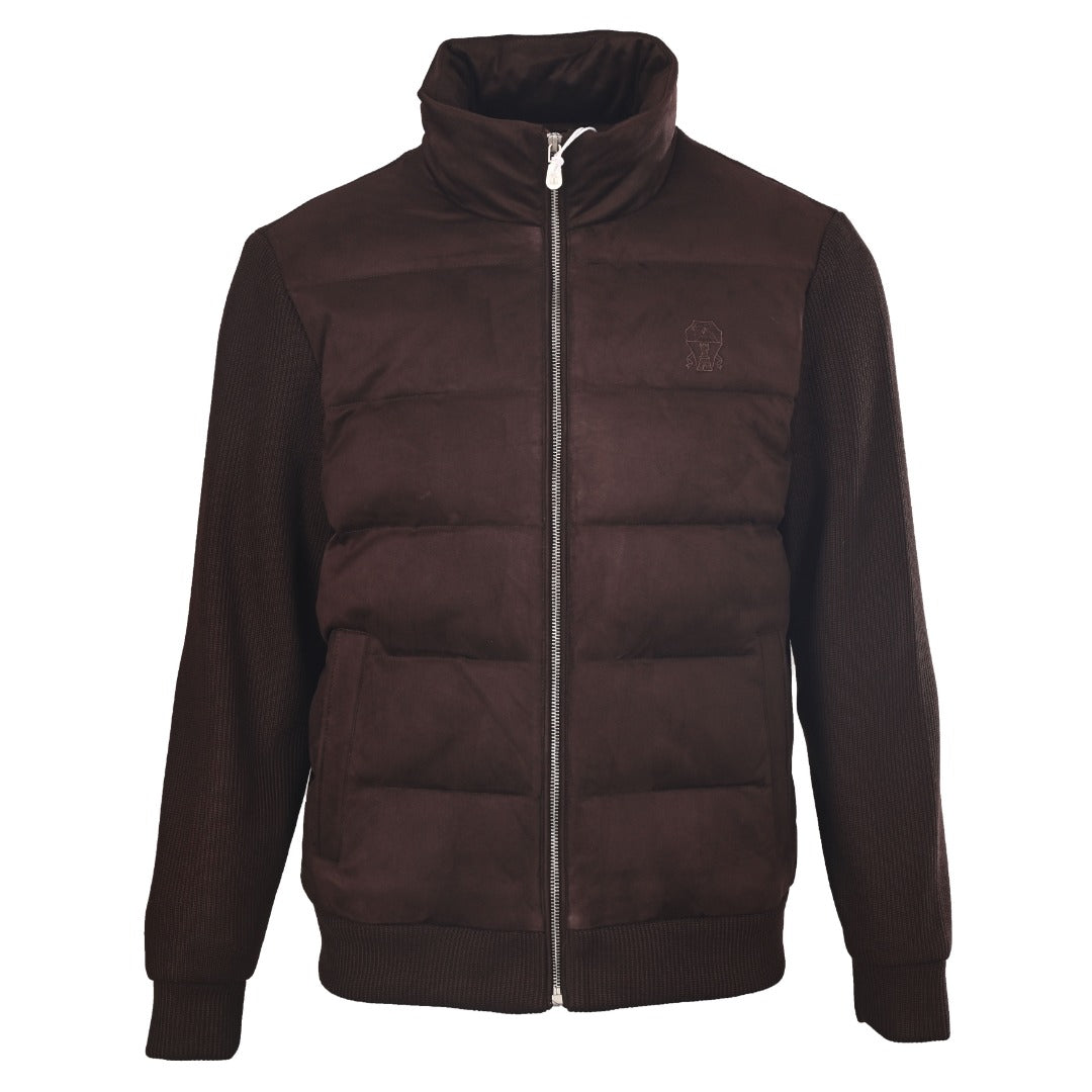 Brunello Cucinelli Brown Suede Knit Sleeve Down Jacket