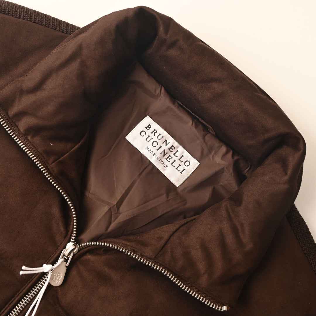 Brunello Cucinelli Brown Suede Knit Sleeve Down Jacket