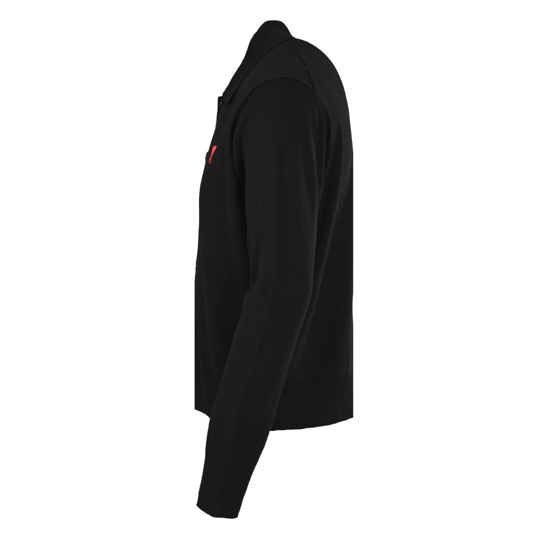 Ami Paris Black Red Heart Logo Knit Long Sleeve Polo