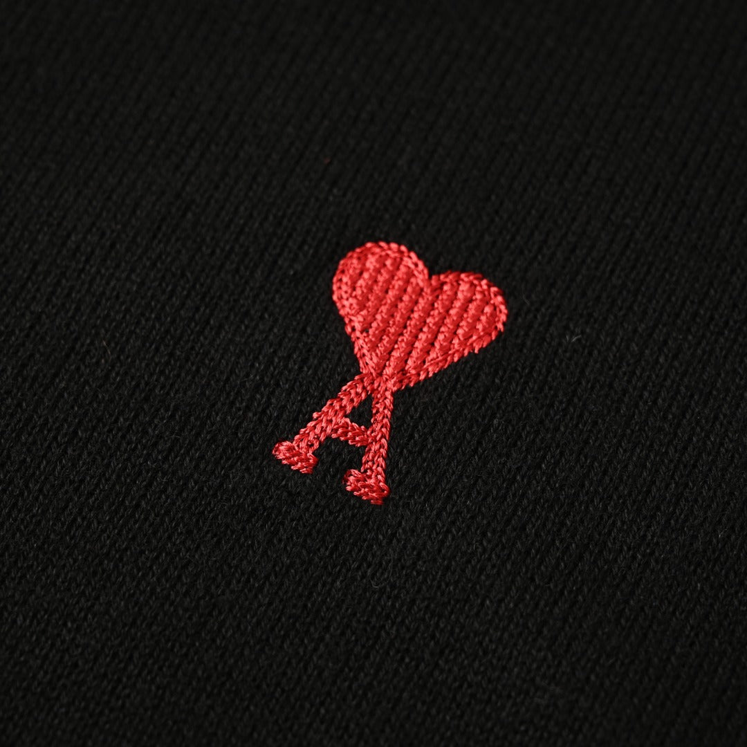 Ami Paris Black Red Heart Logo Knit Long Sleeve Polo