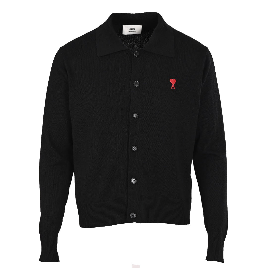 Ami Paris Black Red Heart Logo Knit Long Sleeve Polo