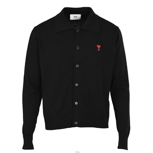 Ami Paris Black Red Heart Logo Knit Long Sleeve Polo