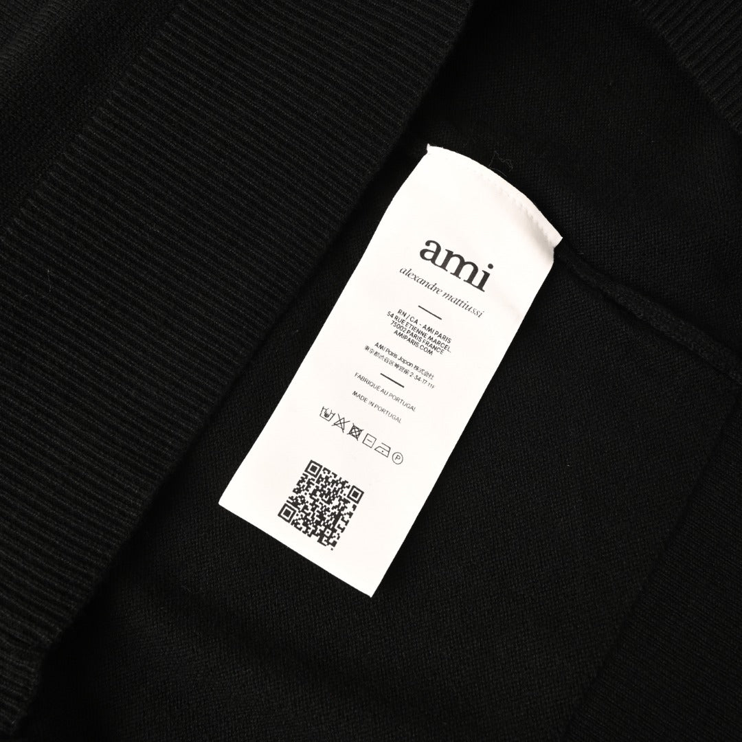Ami Paris Black Red Heart Logo Knit Long Sleeve Polo