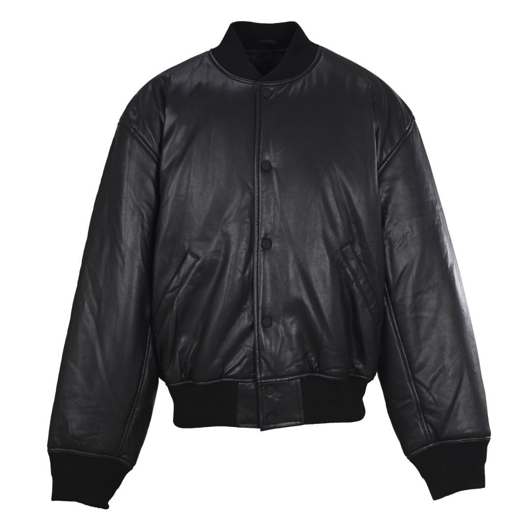 Balenciaga Black Faux Leather Paris Varsity Bomber Jacket