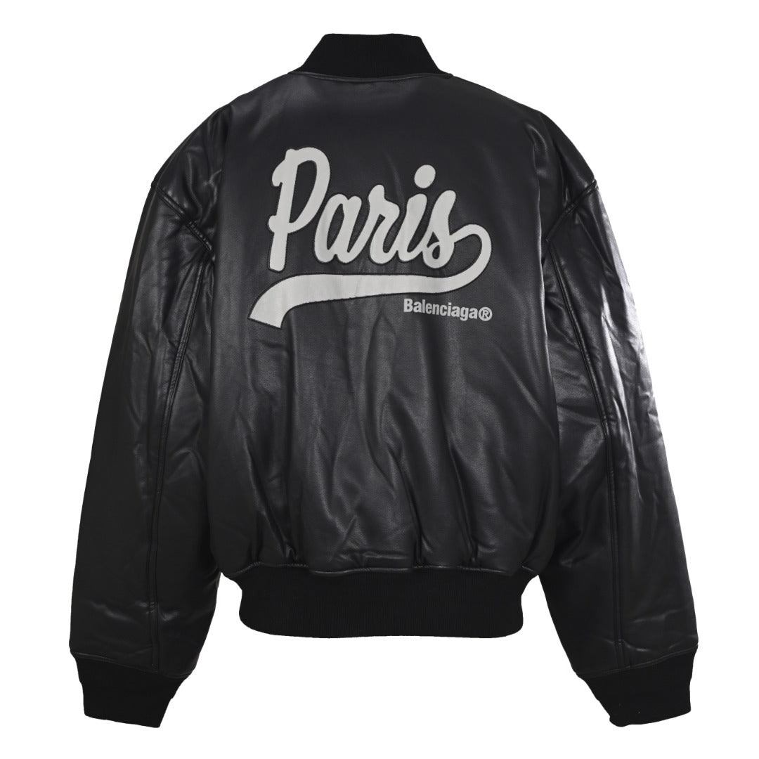 Balenciaga Black Faux Leather Paris Varsity Bomber Jacket