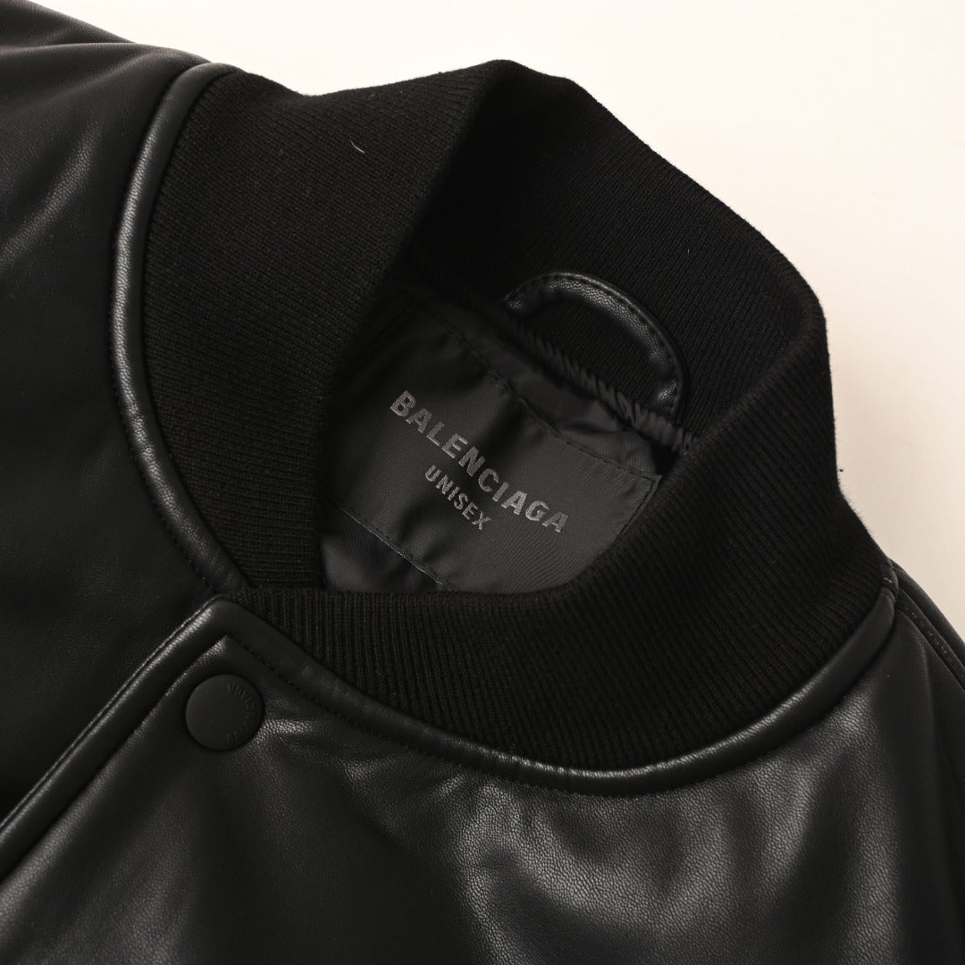 Balenciaga Black Faux Leather Paris Varsity Bomber Jacket