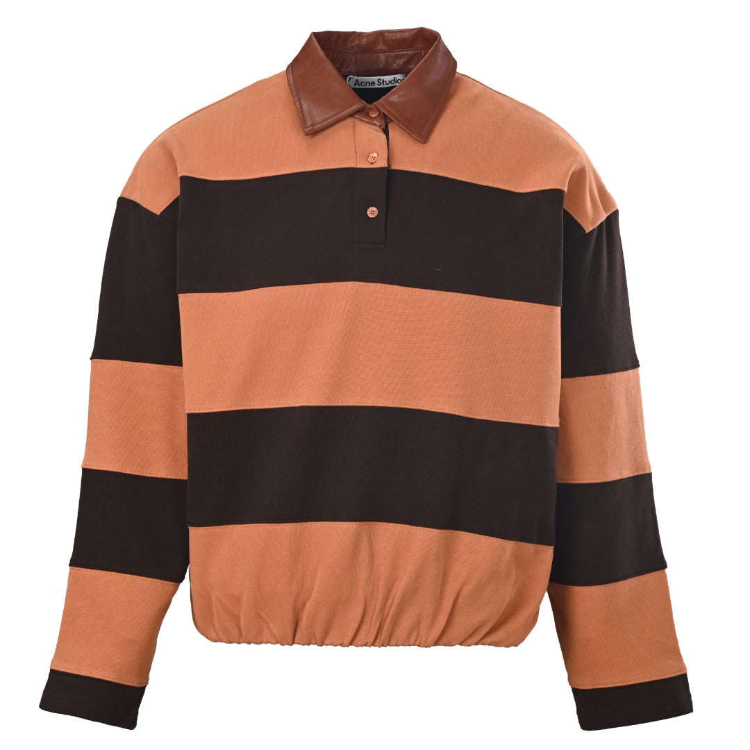 Acne Studios Terracotta Brown Stripe Leather Collar Rugby Shirt