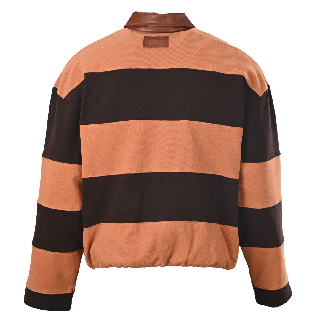 Acne Studios Terracotta Brown Stripe Leather Collar Rugby Shirt