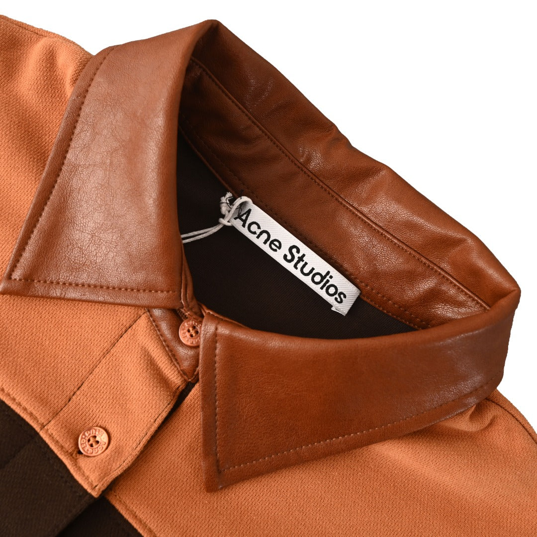 Acne Studios Terracotta Brown Stripe Leather Collar Rugby Shirt