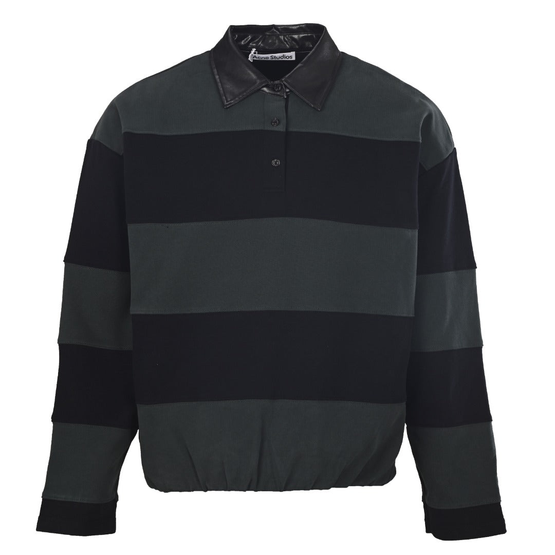 Acne Studios Dark Green Black Stripe Leather Collar Rugby Shirt