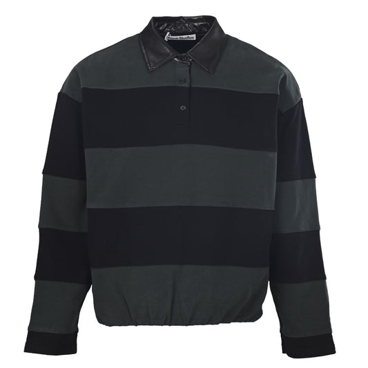 Acne Studios Dark Green Black Stripe Leather Collar Rugby Shirt