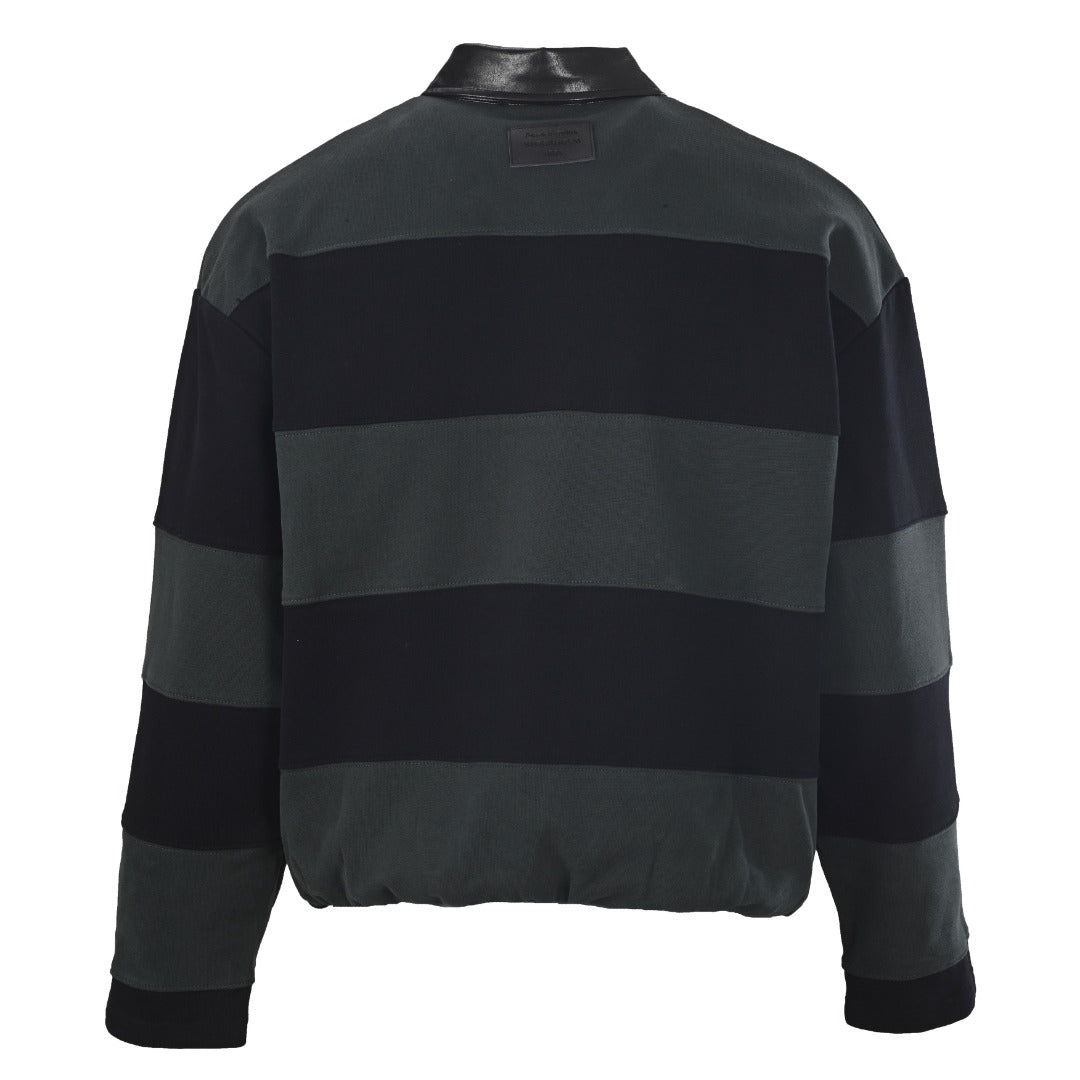 Acne Studios Dark Green Black Stripe Leather Collar Rugby Shirt