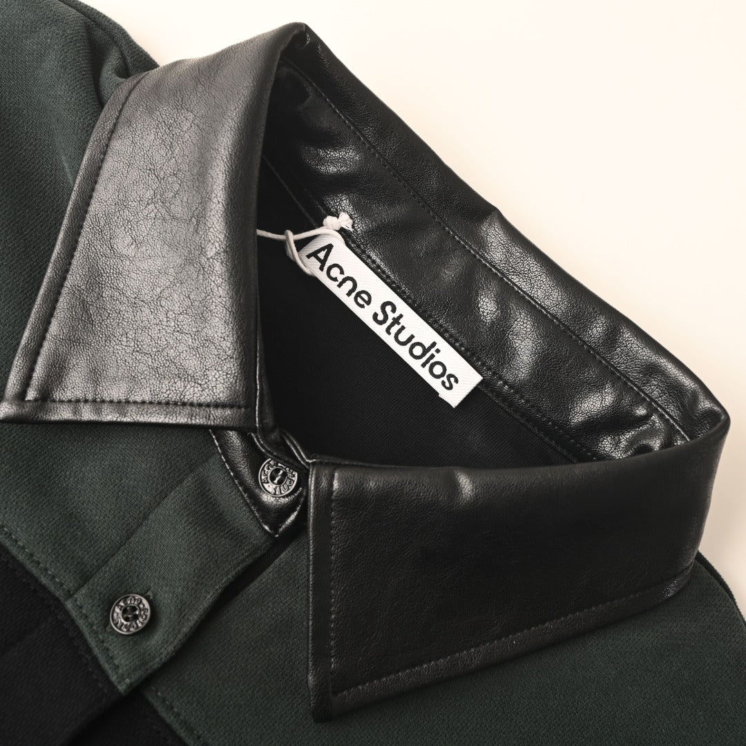 Acne Studios Dark Green Black Stripe Leather Collar Rugby Shirt