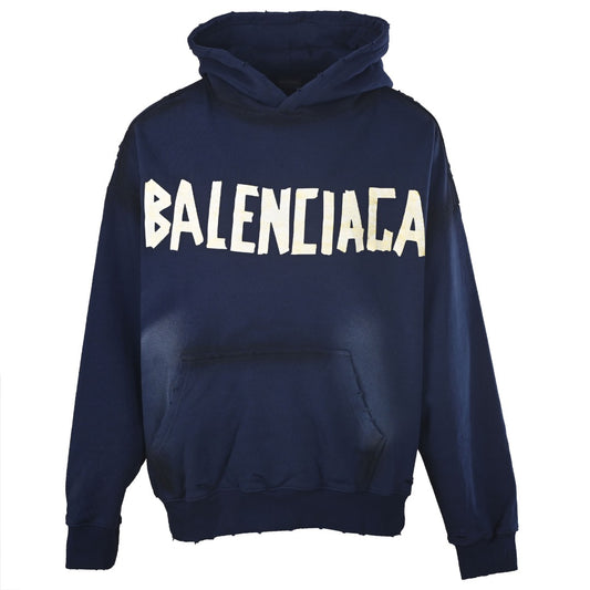 Balenciaga Navy Tape Logo Distressed Hoodie